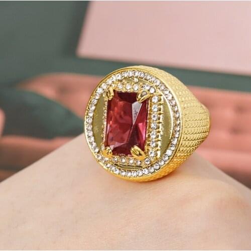 Popular Golden Rectangular Red Zircon Crystal Ring for Men Party Male Ring Jewelry 2021 Accessories Size 7-14