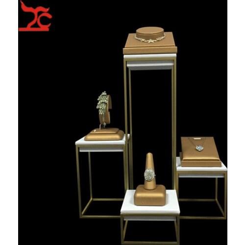 White PU Stainless Steel Window Jewelry Counter Showcase Gold PU Necklace Ring Bracelet Organizer Pendant Bangle Chain Stand Set