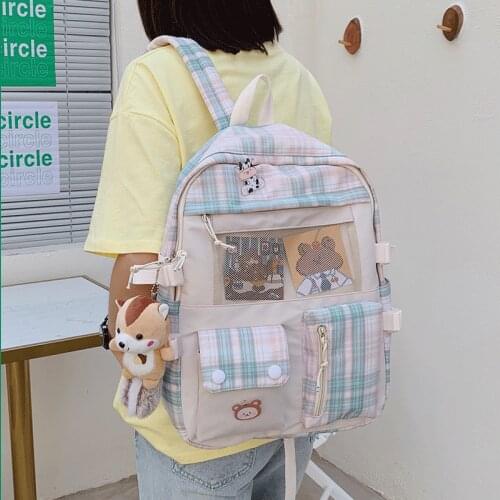 Fashion Womens Backpack Japanese Cute Plaid School Bag For Girls Canvas Large Capacity 2021 Waterproof Travel Backpacks