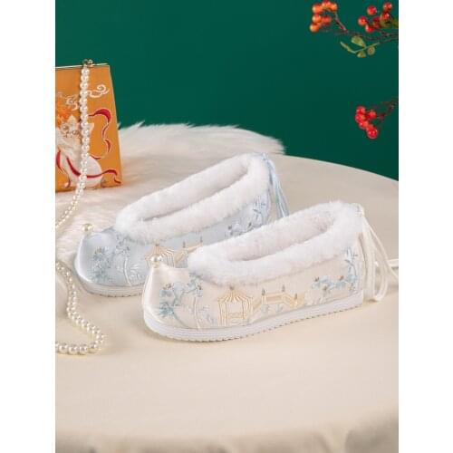 Original Plush Inner Heightening Hanfu Shoes for Women with Antique Head Lifting Shoes and Spring Thickened Embroidered Shoes