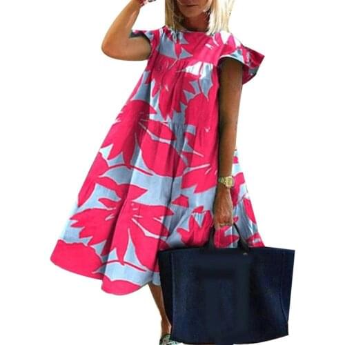 Summer Dress Vintage Sexy Women Casual O Neck Short Sleeve Floral Print Large Hem A Line Dress Beach Party Dresses Plus Size