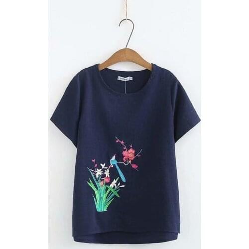 Plus Size Womens XL-4XL Shirts Round Neck Short Sleeve Embroidered Tshirt Oversized Casual Tops