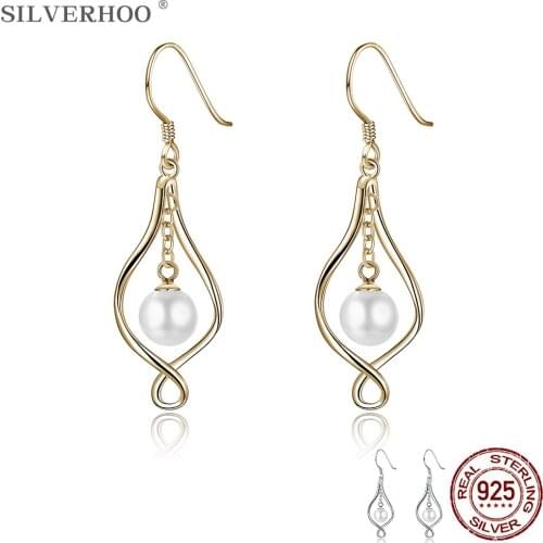 SILVERHOO 925 Sterling Silver Drop Earrings For Women Shell Pearl Geometric Champagne Gold Earring Simple Fine Jewelry Gift