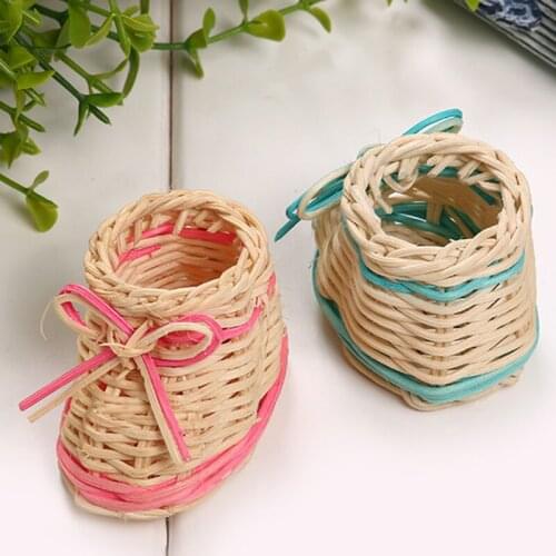 Cute Pink Blue Color Straw Shoe Table Basket Dried Flowers Vase With Storage Function Home Christmas Decoration