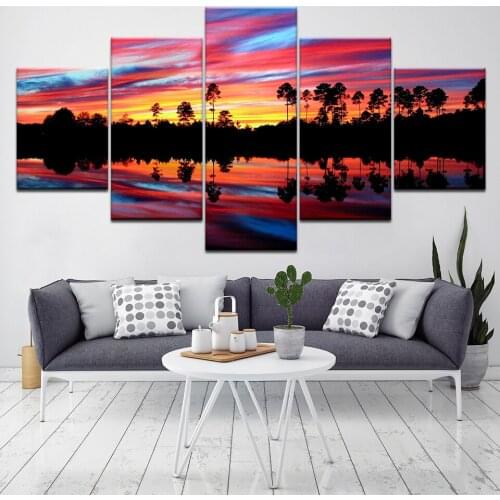 Modern 5 Panel Blue Colorful Red Reflection Sunset Tree Yellow Living Room Decor Print Poster Painting