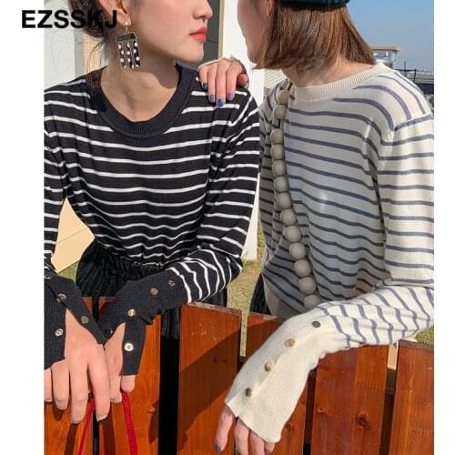 Autumn winter oversize basic striped Sweater Pullovers Women female 2020 o-neck loose sweater long sleeve knit thin Jumpers top