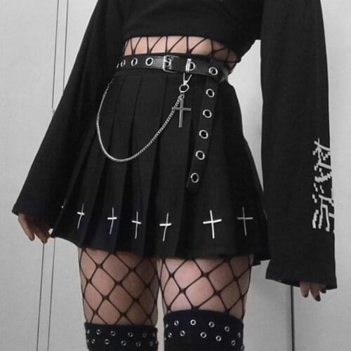 Dark Black Cool Punk Women Cross Print Pleated Skirts 2020 Lolita Lady High Waist Gothic Hipster Goth Street Knit Skirt S-2XL