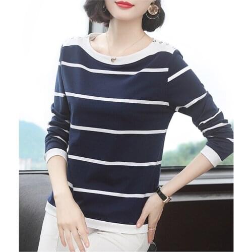 Spring autumn sweater women long-sleeved striped bottoming fashion word collar cotton round neck Simple elegant sweaters D160