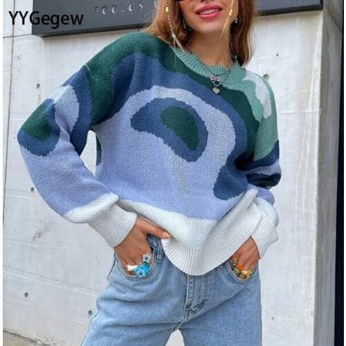 YYGegew Color Block Drop Shoulder Sweater Croped Sweater pullovers Women 2021 loose Sweater Pullover female Long Sleeve