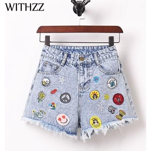 WITHZZ Spring Summer Womens Loose Straight Jeans Embroidery Lovely Denim Shorts