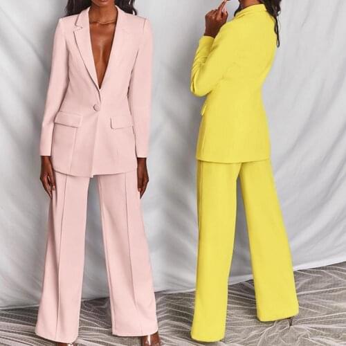Women Suit Set Two-piece Solid Long Sleeve Suits Lapel Buttons Office Lady Blazer Pants Spring Autumn Casual Suit Elegant Wear