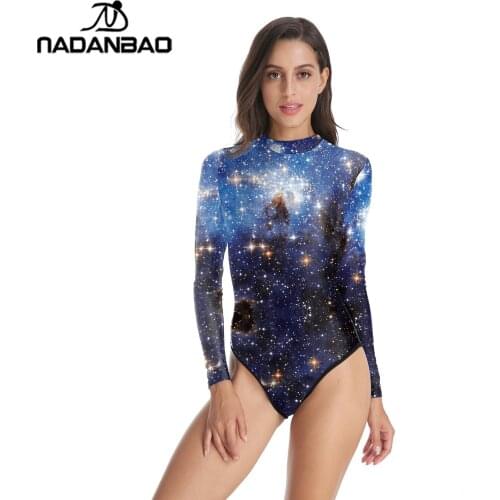New Brand Surfing Bathing Suit Galaxy Star Printed Women Swimwear Loog Sleeve Zippered One Piece Swimsuit Galaxy Bodysuit Y02005
