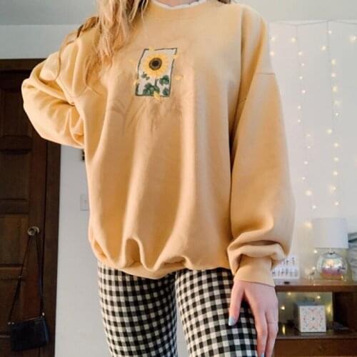 Womens Sweatshirt With Flower Print O-Neck 2020 Autumn Winter Female Casual Cute Yellow Clothes Woman Hoodies Loose Pullover