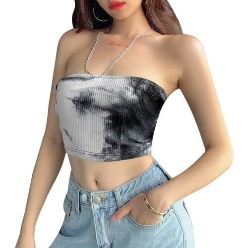 New Arrival Womens Strapless Crop Top Fashion Tie Dye Print Backless Rib Knit Stretchy Tube Top