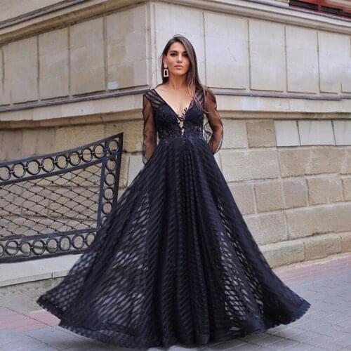 Fashion V Neck Robe De Soiree A Line Long Length Formal Prom Gown Lace Evening Dress Long Sleeve