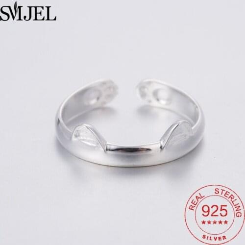 SMJEL 100% 925 Sterling Silver Naughty Little Cat Finger Ring for Women Sterling Silver Jewelry Cat Ear Paw Rings Girl Gift