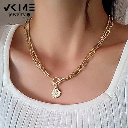 VKME Vintage Wedding Chain Choker Necklace For Women Geometric Sun Coin Multilayer Pendant Necklaces Jewelry Party gift