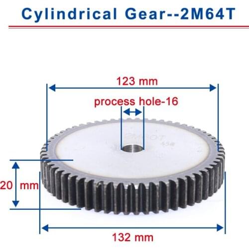 1piece 2M64T spur gear teeth outer diameter 132mm cylindrical gear process hole 16mm flat gear 45#carbon steel total height 20mm