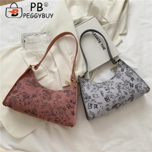 2021 Pleated Female Handbag Fashion Women Graffiti Printing Shoulder Underarm Bag Casual PU Small Handbags Women