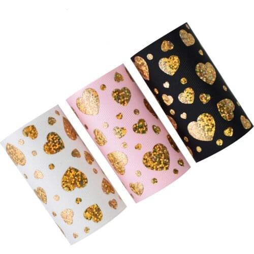 75mm Hologram Gold Foil Hearts Grosgrain Ribbon For Valentine day Webbing Accessory 50yards Welcome Custom Printed