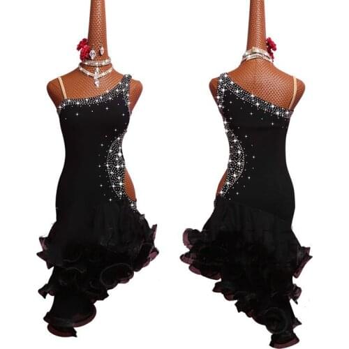 Shiny Rhinestone Latin Dance Dress Women Stretch Net Perspective Sexy Black Latin Dress Ladies Party Hollow Fish Bone Skirt
