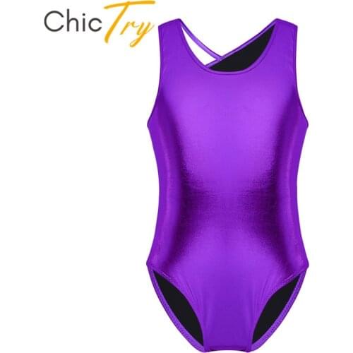ChicTry Kids Teens Sleeveless Professional Gymnastics Leotard Girls Shiny Ballet Leotard Bodysuit Children Stage Dance Costume