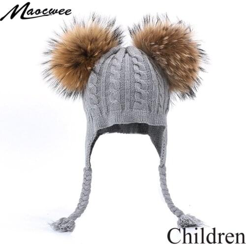 Children Winter Double Real Fur Pom Pom Hat For Girls Boys Earflap Knitted Braid Beanies Caps Baby Outdoor Thick Warm Bonnet Cap