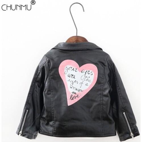 Spring Autumn Girls PU LeatherJackets Fashion Love Printed Kids Girl Coat Children Outerwear Clothing For Little Girl Outfits