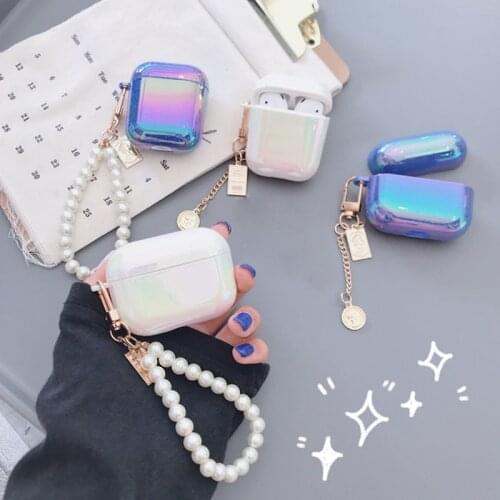 Cute Glitter Pearl Shell Keychain For AirPods Pro Case Water Drop rainbow Hard Earphone Case For AirPods 1 2 Protective Cover