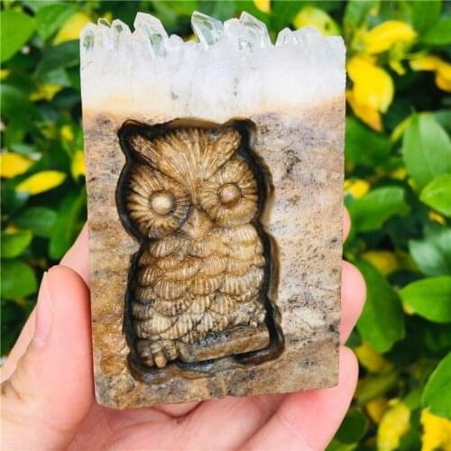 Natural hand-carved white crystal tufted owl, crystal specimen