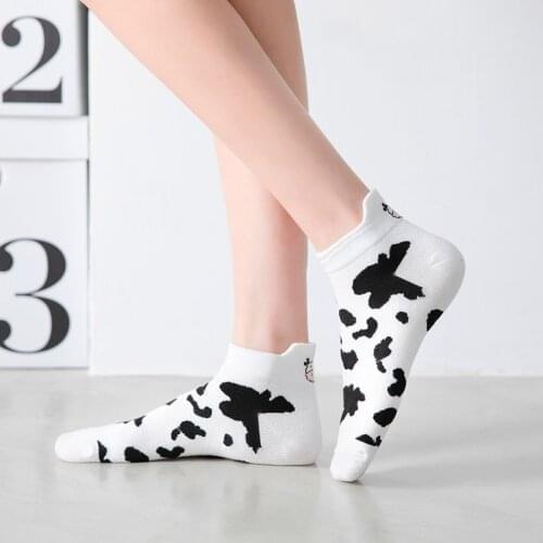 5 Pairs Women Socks Four Seasons Cow Print Cartoon Sock Harajuku Cotton Short Socks Striped Solid Comfortable Casual Ankle Socks