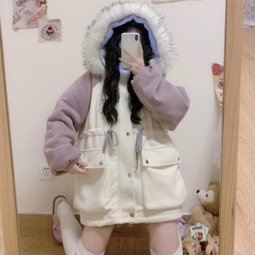 Autumn Winter Women Sweet Cute Lolita Style Warm Coats Kawaii Bear Embroidery Fur Hooded Parka Soft Girls Loose Cotton Jackets