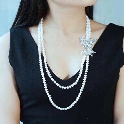 Colorful zircon butterfly single-layer multi-layer natural pearl long necklace for women party elegant dress accessories jewelry
