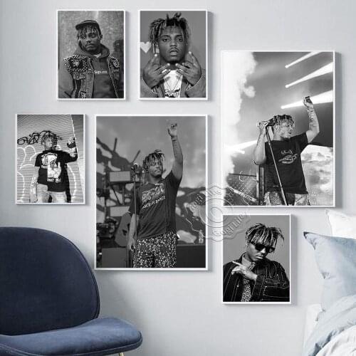 America Rapper Juice Wrld Black And White Art Poster, Hip-Hop Music Singer Vintage Art Portrait Prints, Fans Collect Decor Mural