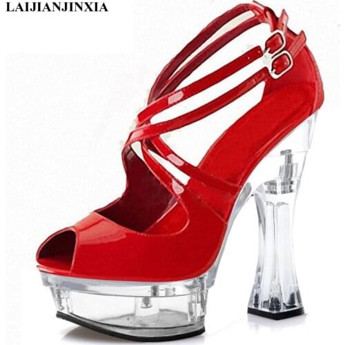 Open Toe Womens Platform Sandals 14 CM Super High Stripper Heels Concise Small Size Fashion Crystal Shallow Sexy Fetish Shoes
