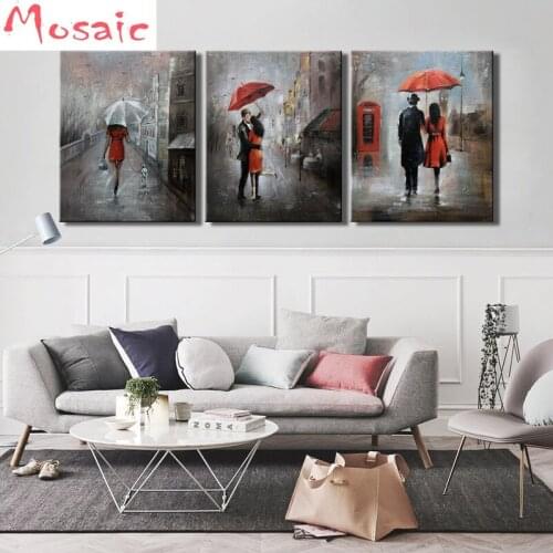 Streetscape Lovers in the Rain DIY square diamond Painting 3pcs Landscape Diamond Embroidery abstract couple Home Wall decor