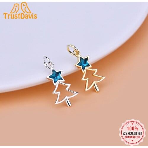 TrustDavis Real 925 Sterling Silver Fashion Christmas Tree Star Blue CZ Charm Pendant Handmade DIY Accessories Jewelry HY028