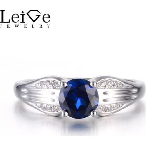 Leige Jewelry Blue Sapphire Ring Proposal Rings Round Cut Blue Stone Rings 925 Sterling Silver Fine Jewelry Vintage Ring for Her