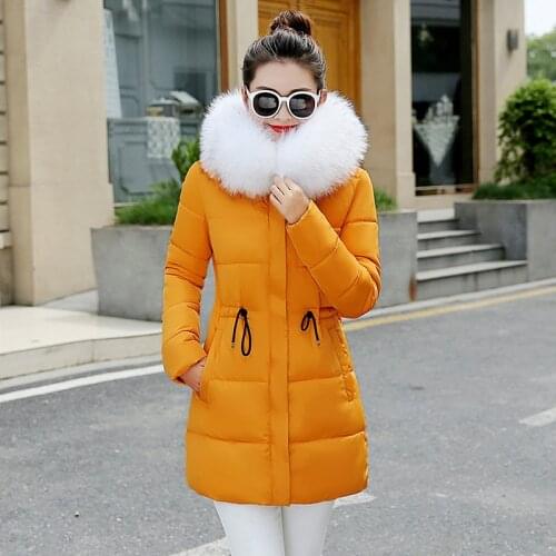 2021 Winter New Cotton-padded Parkas Womens Artificial raccoon Fur collar Long Thickened Slim Down Cotton Jacket Hooded Tops