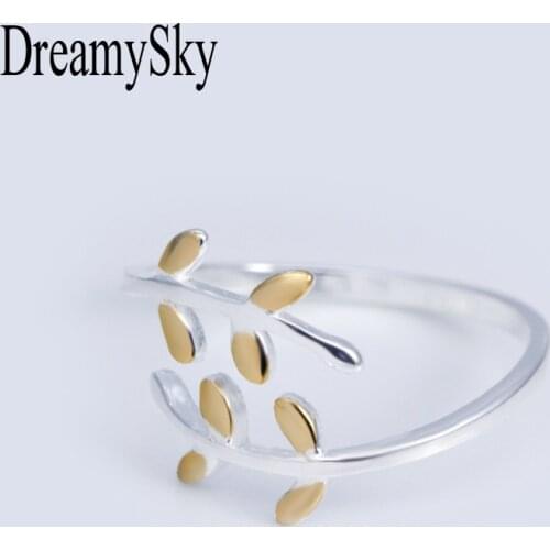 DreamySky 100% Real Silver Color Rings For Women Adjustable Wedding Gold Leaf Ring