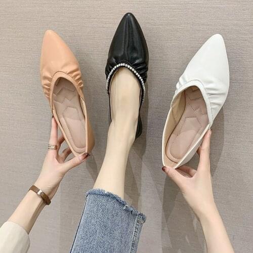 2021 Low Heels Casual Women Pumps New Rhinestone Shallow Pleated Genuine Leather 2021 Spring Summer Pointed Toe Shoes Woman