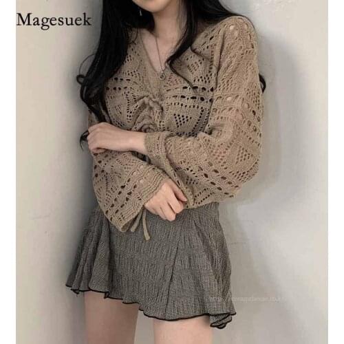 2020 V-Neck Long Sleeve Ladies Tops Hollow Out Knitted Blouses Women Autumn Casual Loose Shirts Korean Clothing Blusas 10194