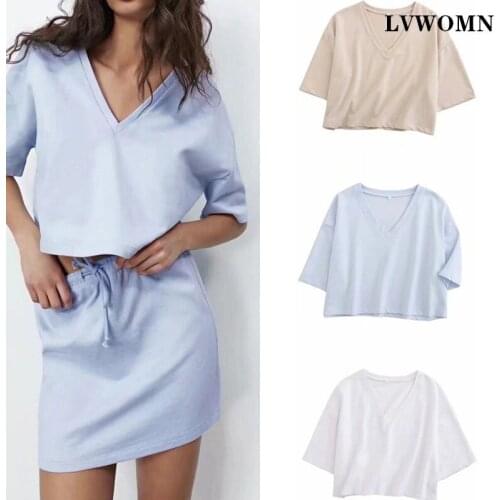 LVWOMN Za Women 2 Piece Set V Neck Short Sleeve Loose T-shirts + High Elastic Waist Mini Skirt Drawstring Casual Women Clothes