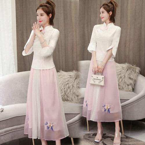Retro Cheongsam Girl Hanfu Single Piece/Set Women 2021 Summer Chinese Style A-Line Skirt Half Sleeve T-Shirt Female Two-Piece