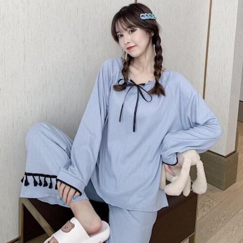 Ladies Spring Autumn Cotton 2PCS Pajamas Suit Womens O-Neck Top&Pant Home Clothes Tassels Trim Nightwear Loose Sleepwear M-XXL