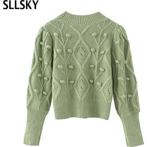 SLLSKY Solid Half Turtleneck Ball Twist Women Sweater Autumn Winter Vintage Ladies Green Knitted Long Sleeve Jumper Pullovers