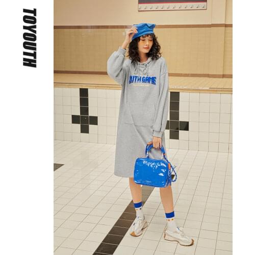 Toyouth Women Dress with Hat 2021 Autumn Long Sleeve O Neck Loose H Line Gray Letters Flocking Print Chic Casual Design Dresses