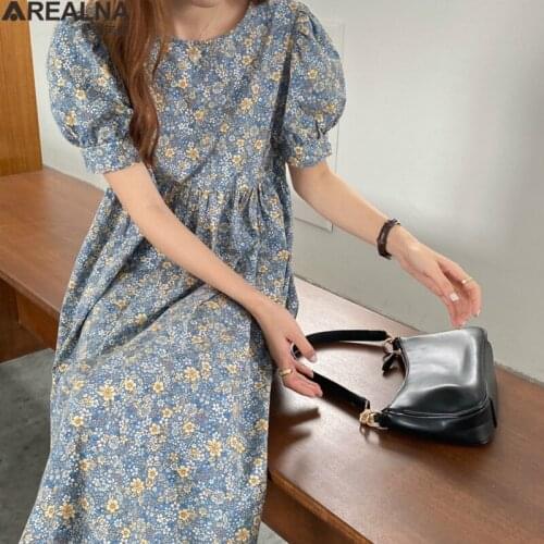 Dresses for women 2021 Summer puff sleeve dress Vintage Romantic Blue Long Floral Dress Loose High Waistline Pleat Midi Sundress
