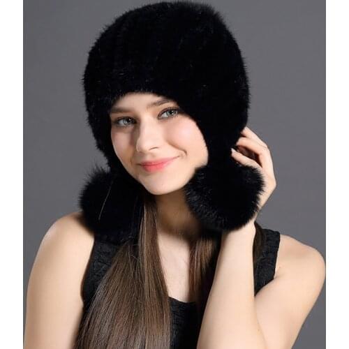 Winter Hats for Women Natural Mink Fur Fashion Large Fox Pompom Womens Streetwear Hat with Ears Czapka Zimowa MY819