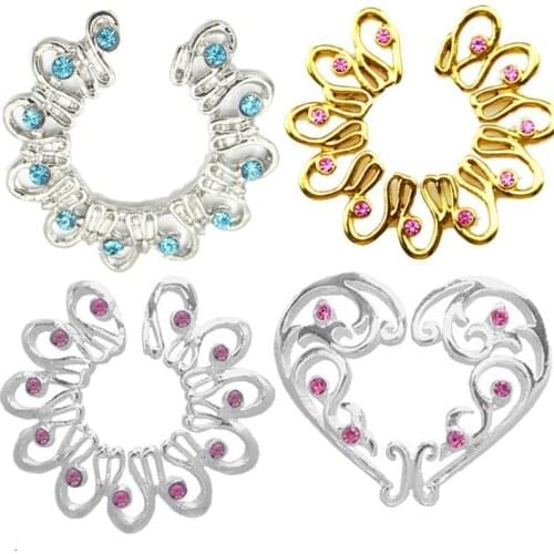 1 pairs gold/silver plated Pink/lake blue heart round Gem Clip On Fake Nipple Ring Non Piercing rings Shield Body Jewelry